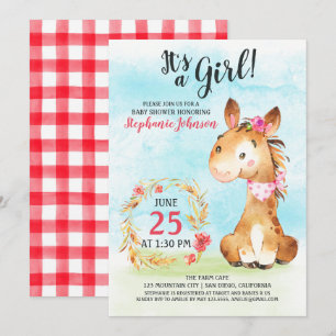 Wasserfarbe Girl Horse Kinderdusche Farm Einladung