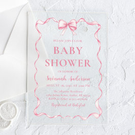 Wasserfarbe Girl Ribbon Blush Pink Bow Baby Dusche Acryleinladungen