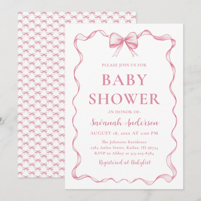 Wasserfarbe Girl Ribbon Blush Pink Bow Baby Dusche Einladung (Vorne/Hinten)