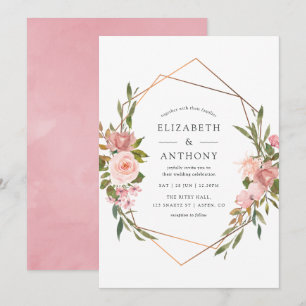 Wasserfarbe Gold Geometrische Rosa Rosen Hochzeit Einladung
