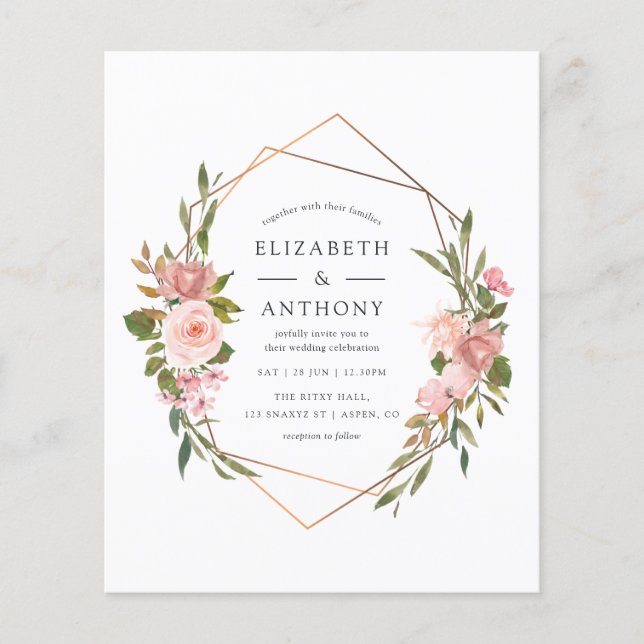 Wasserfarbe Gold Geometrische Rosa Rosen Hochzeit Flyer (Vorne)