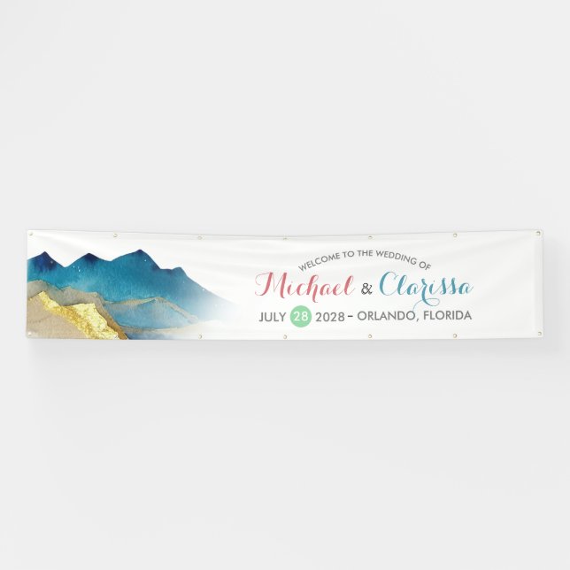 Wasserfarbe Goldene Berge Hochzeitsszenario Banner (Horizontal)