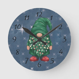 Wasserfarbe-Grün-Gnom-Weihnachtslichter Runde Wanduhr