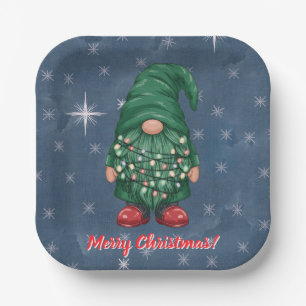 Wasserfarbe-Grünzwerg-Weihnachtslichter Pappteller