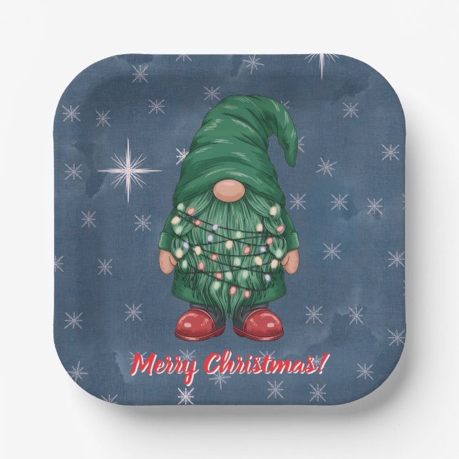 Wasserfarbe-Grünzwerg-Weihnachtslichter Pappteller (Vorderseite)