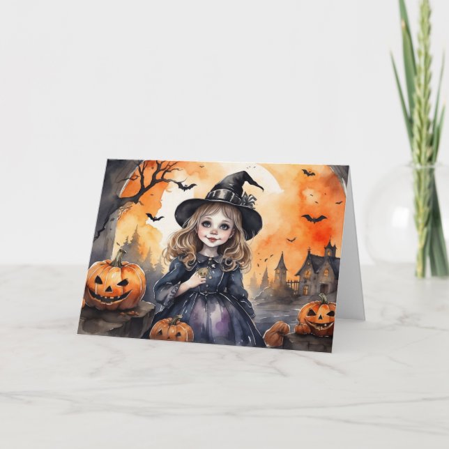 Wasserfarbe Halloween Hexe Feiertagskarte (Vorderseite)