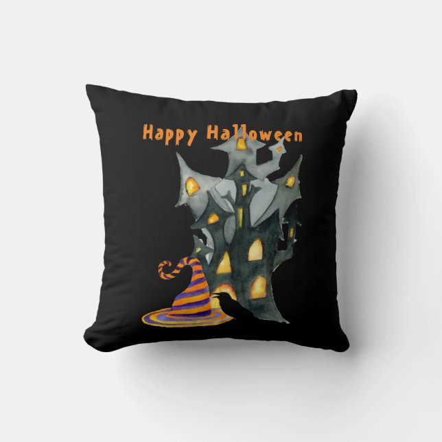 Wasserfarbe Halloween House & Hat Kissen (Vorderseite)