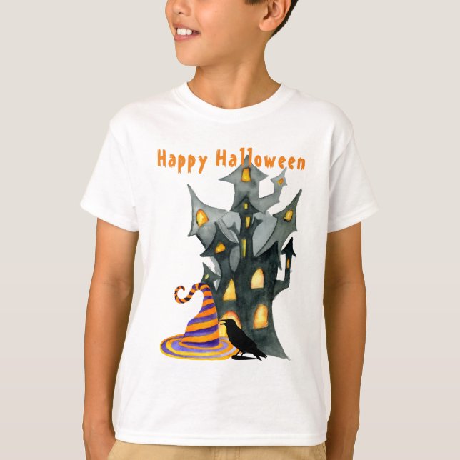 Wasserfarbe Halloween House & Hat T-Shirt (Vorderseite)
