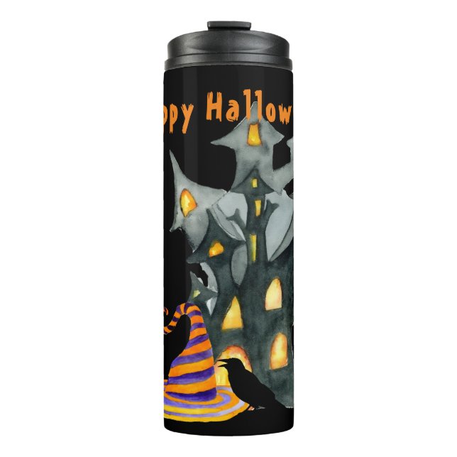 Wasserfarbe Halloween House & Hat Thermosbecher (Vorderseite)