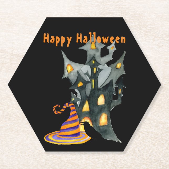 Wasserfarbe Halloween House & Hat Untersetzer (Vorderseite)