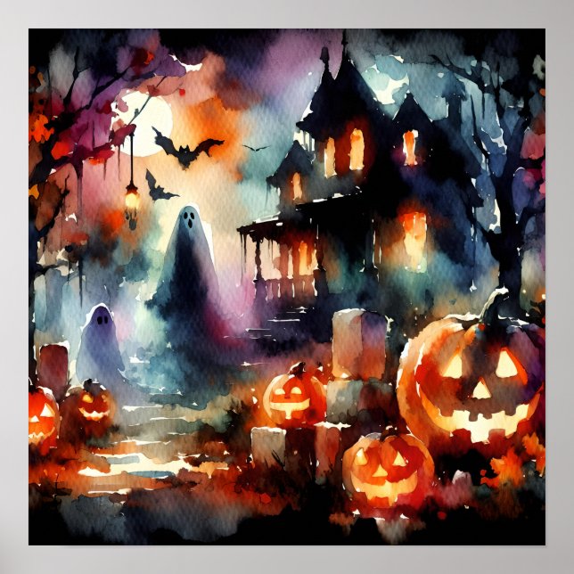 Wasserfarbe Halloween Szene Poster (Vorne)