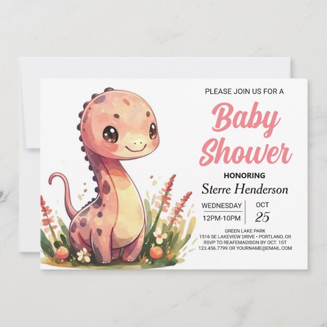 Wasserfarbe Happy Boho Dinosaur Girl Baby Dusche Einladung (Vorderseite)