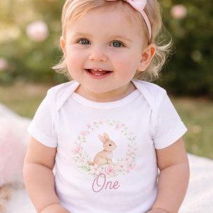 Wasserfarbe-Hase 1. Geburtstag Floral Mädchen  Baby Strampler