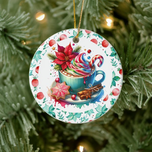 Wasserfarbe Heiße Kakao, Candy Cane Personalisiert Keramik Ornament (Baum)