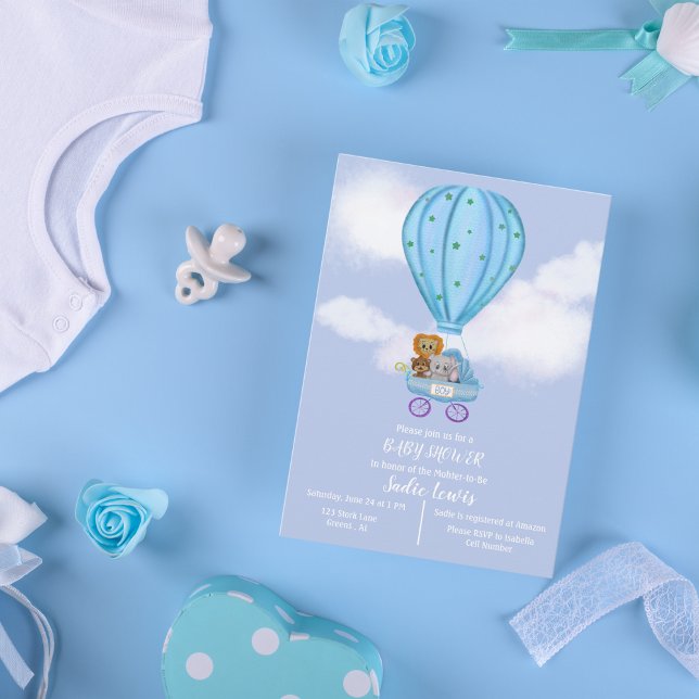 Wasserfarbe Heißluftballon Babydusche Junge Einladung (Soft pastel hues create a serene ambiance, perfect for celebrating the arrival of a precious boy!)