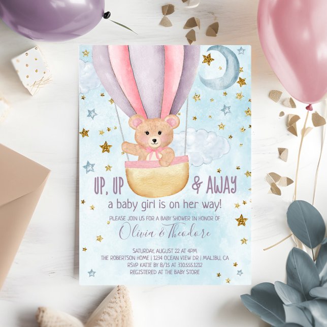 Wasserfarbe Heißluftballon Bear Girl Babydusche Einladung (Von Creator hochgeladen)
