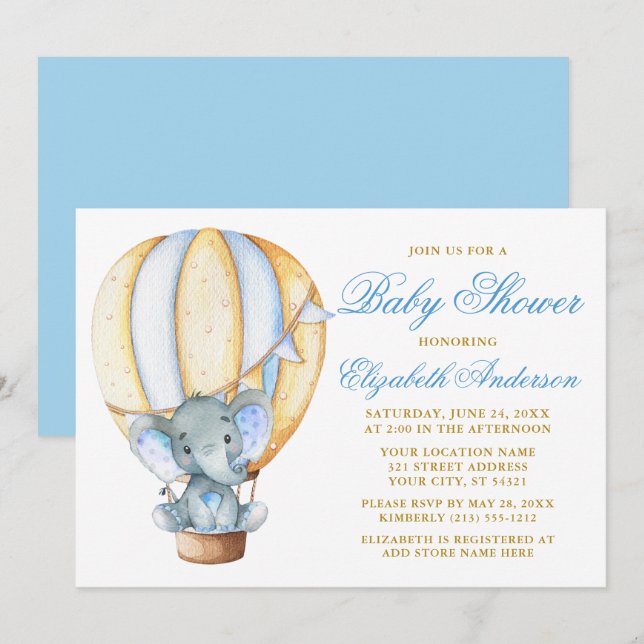 Wasserfarbe Heißluftballon Elefant Babydusche Einladung (Vorne/Hinten)