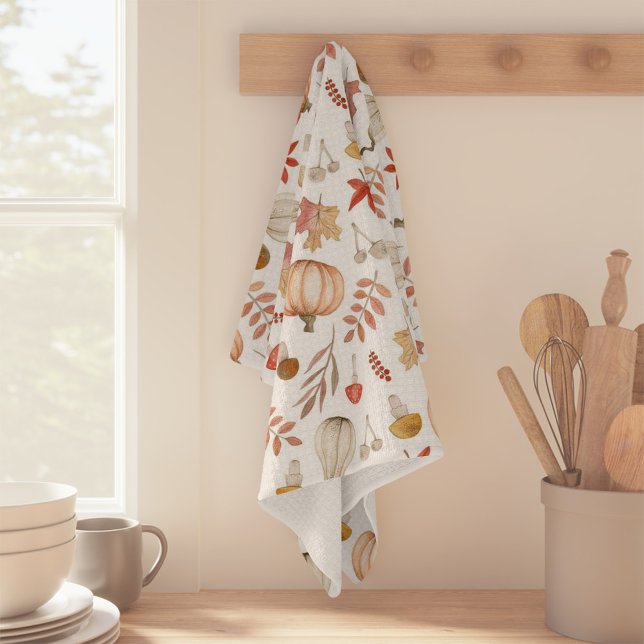 Wasserfarbe Herbst Herbst Blätter Pilz Kürbis Geschirrtuch (Watercolor Fall Autumn Leaves Mushroom Pumpkin Kitchen Towel)