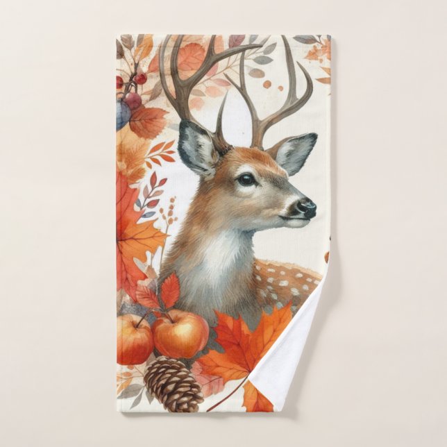 Wasserfarbe Herbst Orangefarbene Blätter und Hirsc Handtuch (Handtuch)