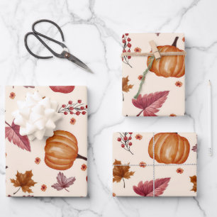 Wasserfarbe Herbstblatt, Kürbis, Birne, Apfel Geschenkpapier Set