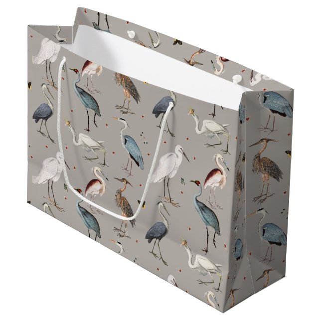 Wasserfarbe Heron Bird Egret Nattern Muster Große Geschenktüte (Vorderseite Schrägansicht)