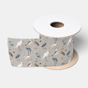 Wasserfarbe Heron Bird Egret Nattern Muster Satinband