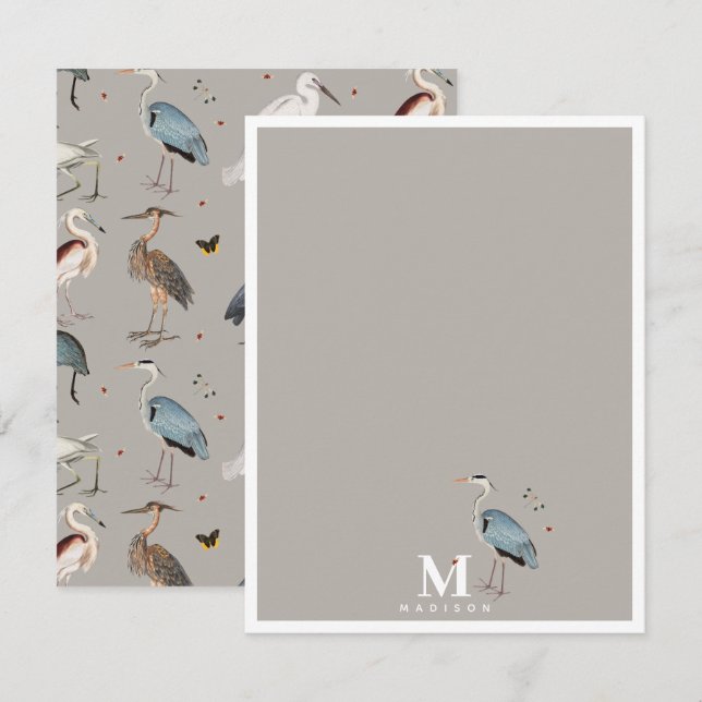 Wasserfarbe Heron Bird Egret Natur Mit Monogramm Mitteilungskarte (Vorne/Hinten)