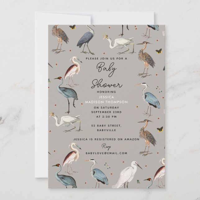 Wasserfarbe Heron Bird Egret Nature Babydusche Einladung (Vorderseite)