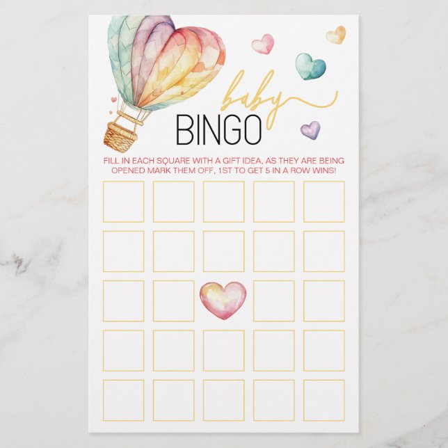 Wasserfarbe Herz Babydusche Bingo Spiel (Vorderseite)