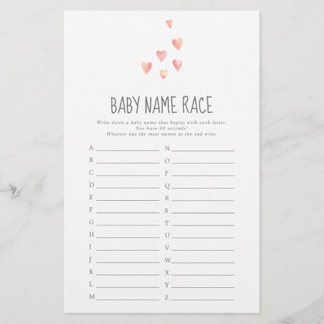 Wasserfarbe Herz Girl Baby Name Race Game (Vorderseite)