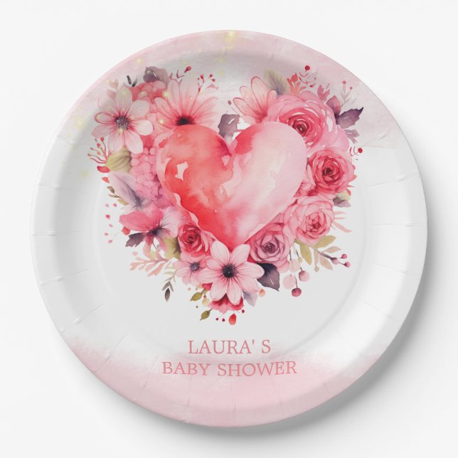 Wasserfarbe Herz Kleine Sweetheart Babydusche Pappteller (Vorderseite)