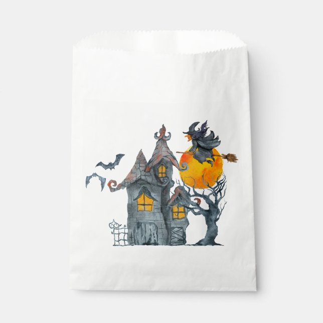 Wasserfarbe Hexe und grilles Haus Halloween Geschenktütchen (Vorderseite)