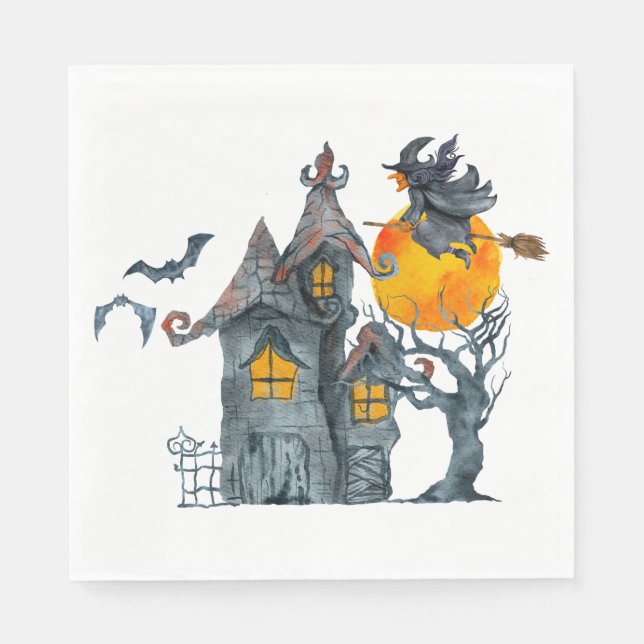 Wasserfarbe Hexe und grilles Haus Halloween Serviette (Vorderseite)
