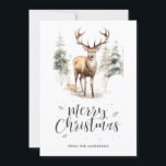 Wasserfarbe Hirsche Kalligrafie Frohe Weihnachten<br><div class="desc">Aquarellwein Weihnachtskarte mit handgeschriebenem Urlaubsgruß und einem Hirsch im Wald an einem schneebedeckten Tag. Personalisieren Sie diese schöne Aquarellkarte einfach mit Ihrem Familiennamen und Text.</div>