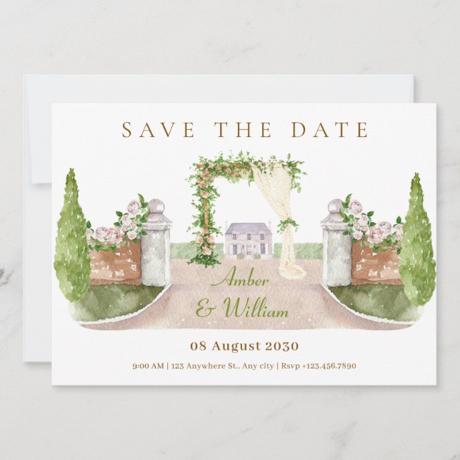Wasserfarbe Hochzeitslandschaft Kunst Save The Date (Vorderseite)