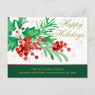 Wasserfarbe Holly Berries Happy Holidays Moving Ankündigungspostkarte