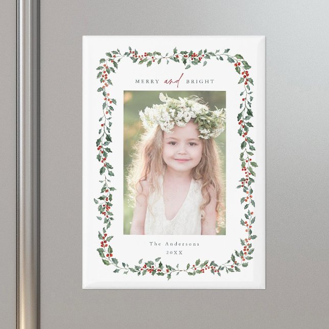Wasserfarbe Holly Berry Rahmen Merry & Bright Foto Magnet (Von Creator hochgeladen)