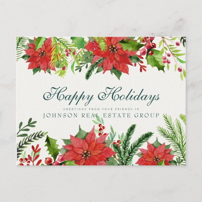 Wasserfarbe Holly & Poinsettia | Feierliche Grüße Postkarte (Vorderseite)