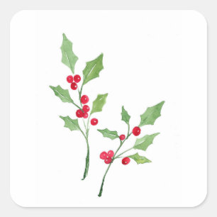 Wasserfarbe Holly Sprigs Quadratischer Aufkleber