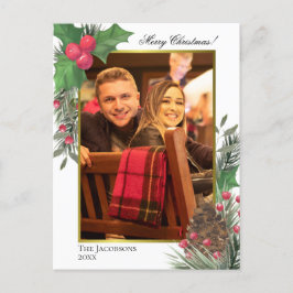 Wasserfarbe Holy Berries Pine Cone & Grüntöne Foto Feiertagspostkarte