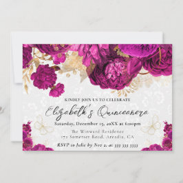 Wasserfarbe Hot Pink und Gold Blume Quinceanera Einladung