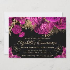 Wasserfarbe Hot Pink und Gold Blume Quinceanera Einladung