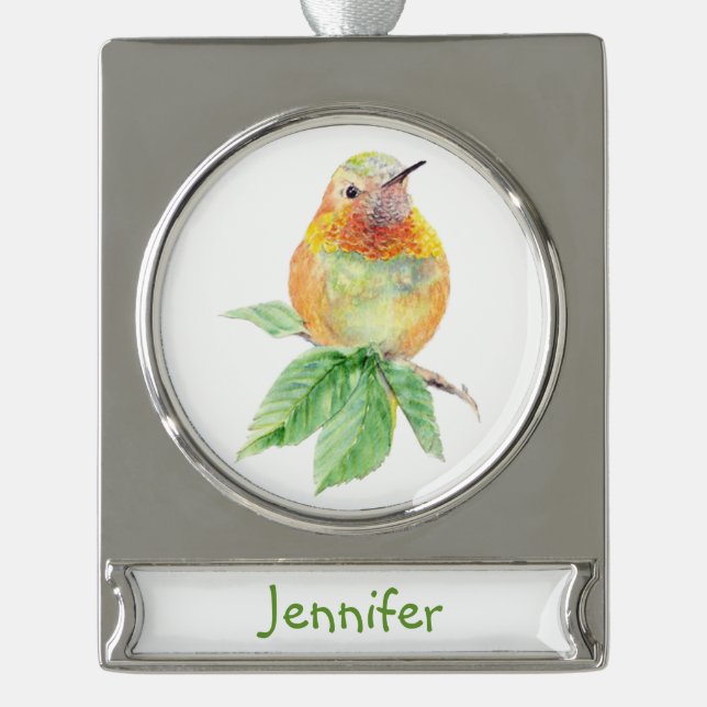 Wasserfarbe Hummingbird Bird Art Individuelle Name Banner-Ornament Silber (Vorderseite)