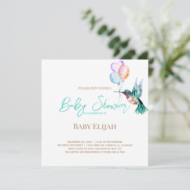 Wasserfarbe Hummingbird und Balloons Babydusche Einladung (Stehend Vorderseite)