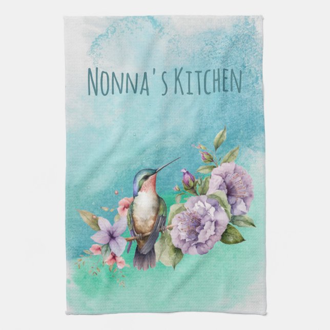 Wasserfarbe Hummingvogel und Blume Personalisiert Geschirrtuch (Vertikal)