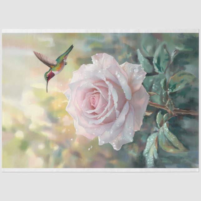 Wasserfarbe Hummingvogel und rosa Rose Decoupage Seidenpapier (Vorderseite)