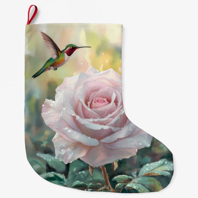 Wasserfarbe Hummingvogel und Rosa Rose Großer Weihnachtsstrumpf (Vorderseite)
