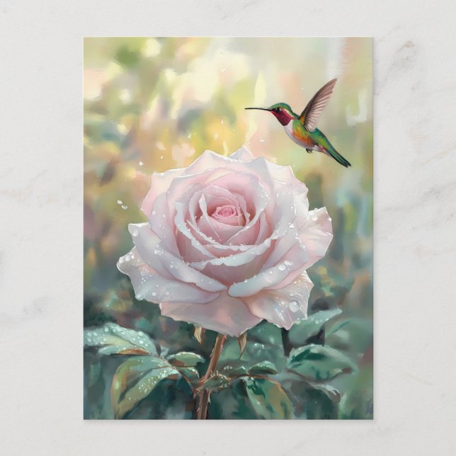Wasserfarbe Hummingvogel und Rosa Rose Postkarte (Vorderseite)