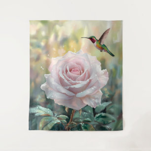 Wasserfarbe Hummingvogel und Rosa Rose Wandteppich
