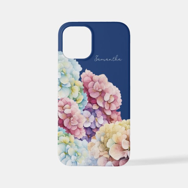 Wasserfarbe Hydrangea Personalisiert Blue iPhone 12 Mini Hülle (Rückseite)